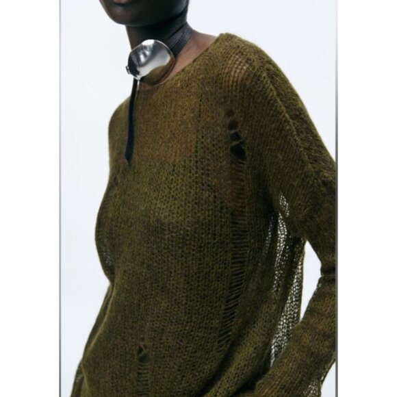 ZARA Distressed Knit Sweater Women’s Sze L Olive GreenLoose Open Weave Wool Boho - Picture 6 of 15